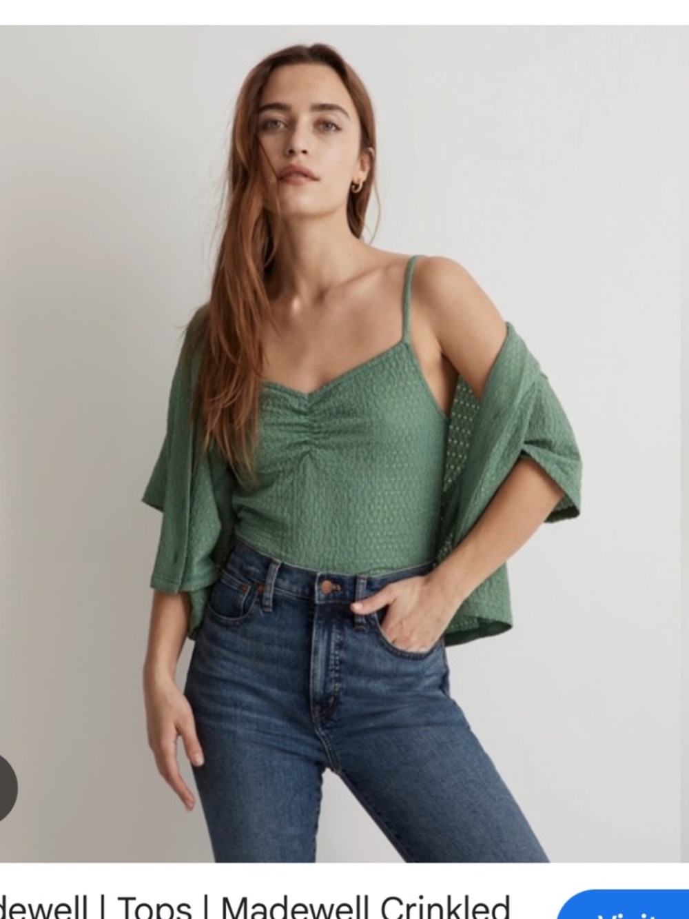 Madewell Crinkled Ruched Cami Tank Top Cardigan Set in Sage Green